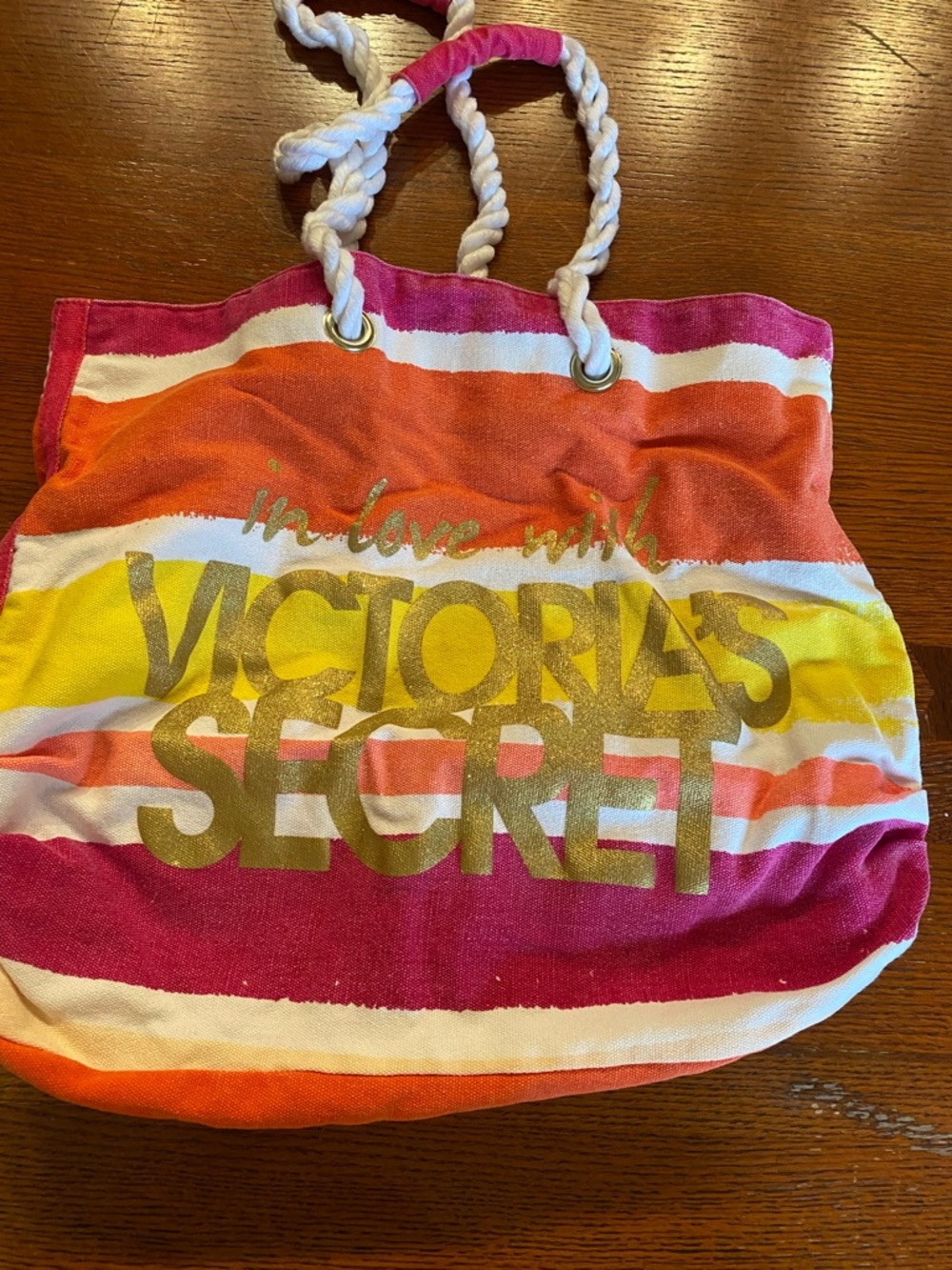 Victoria's Secret Pink Orange Yellow Striped Canvas Tote with Gold Logo